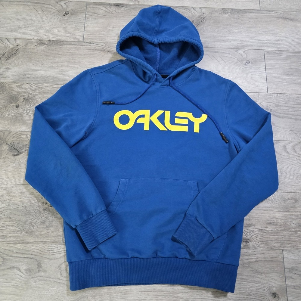Oakley‎ Hoodie Men's Size L Blue Yellow Pullover Spellout Sweatshirt Custom Fit